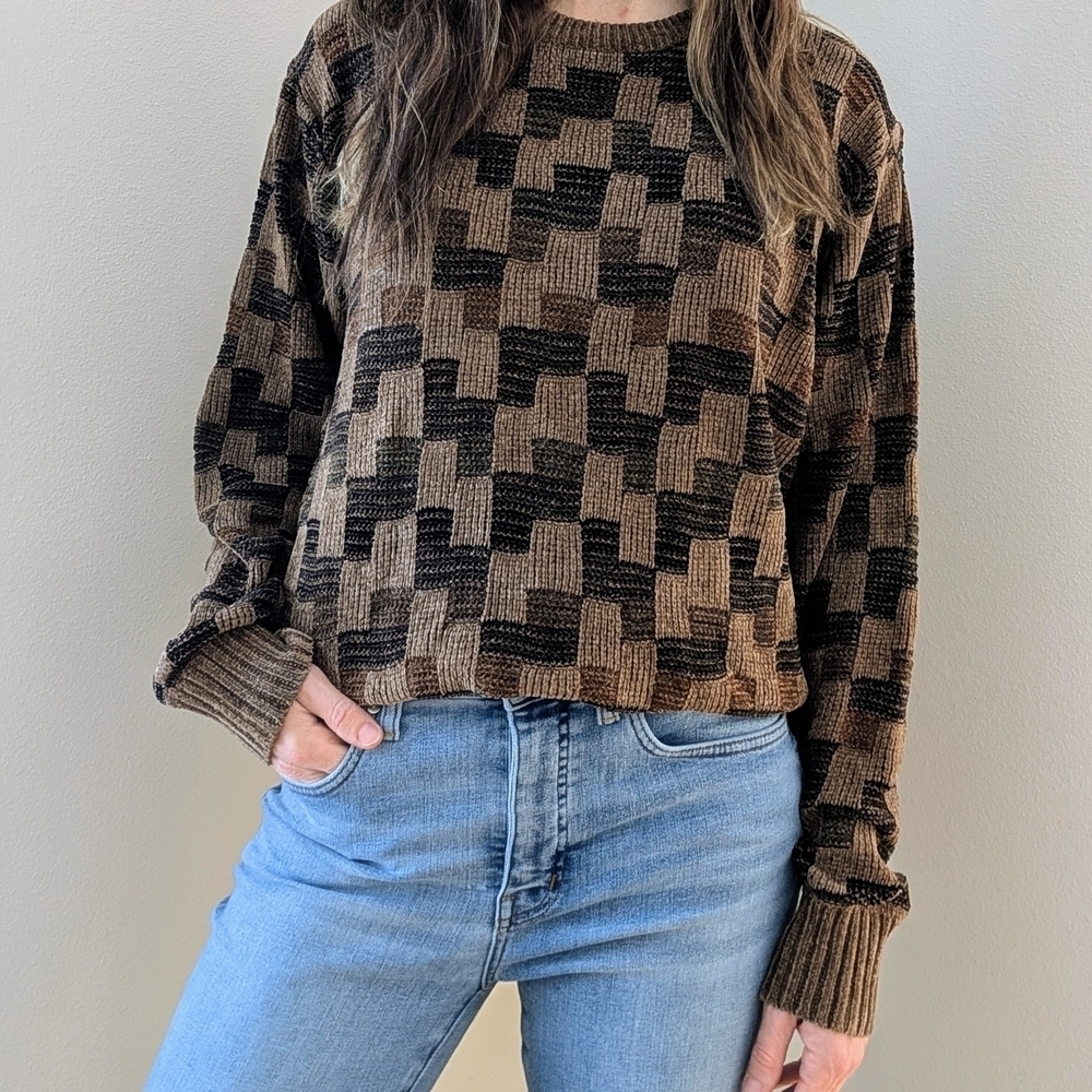Vintage Abstract Geometric Textured Crewneck Neutral Sweater In Brown/Charcoal